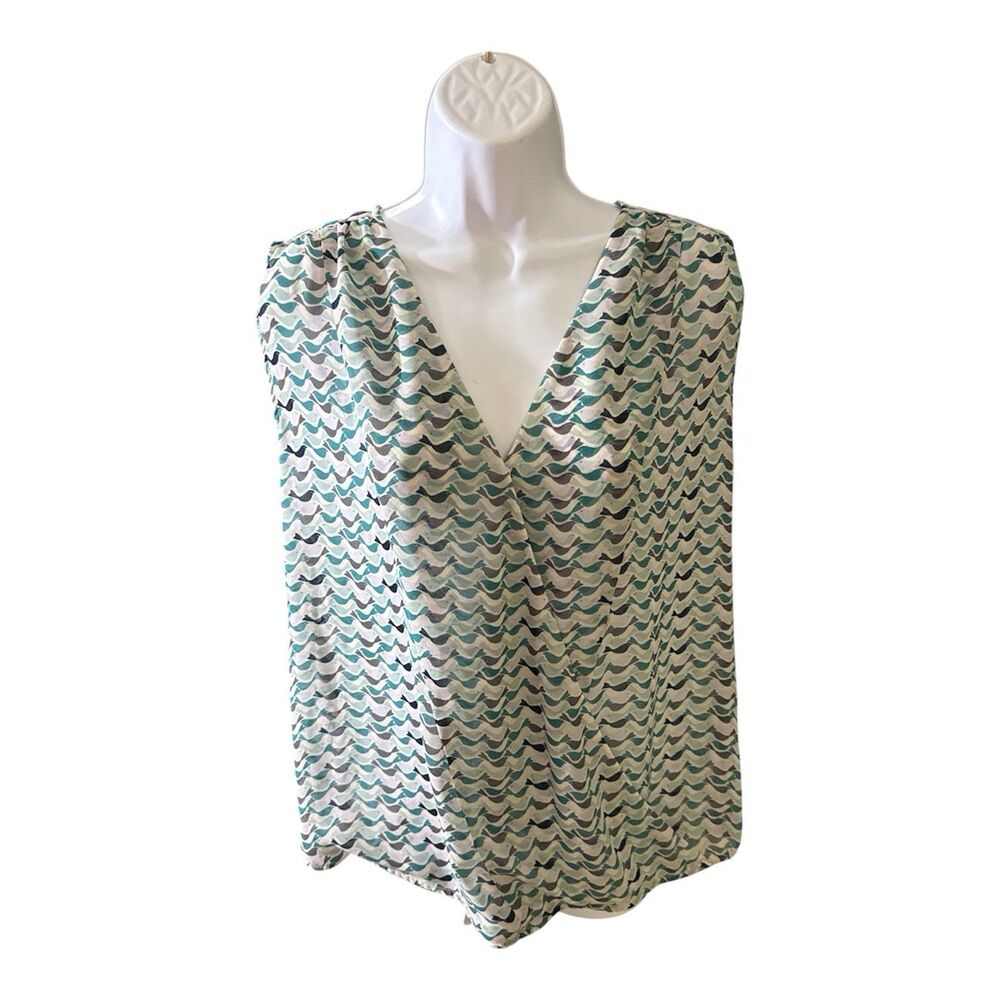 Cabi Teal & Gray Bird Print Sheer Cross Body Sleeveless Top Women's Size Medium.
